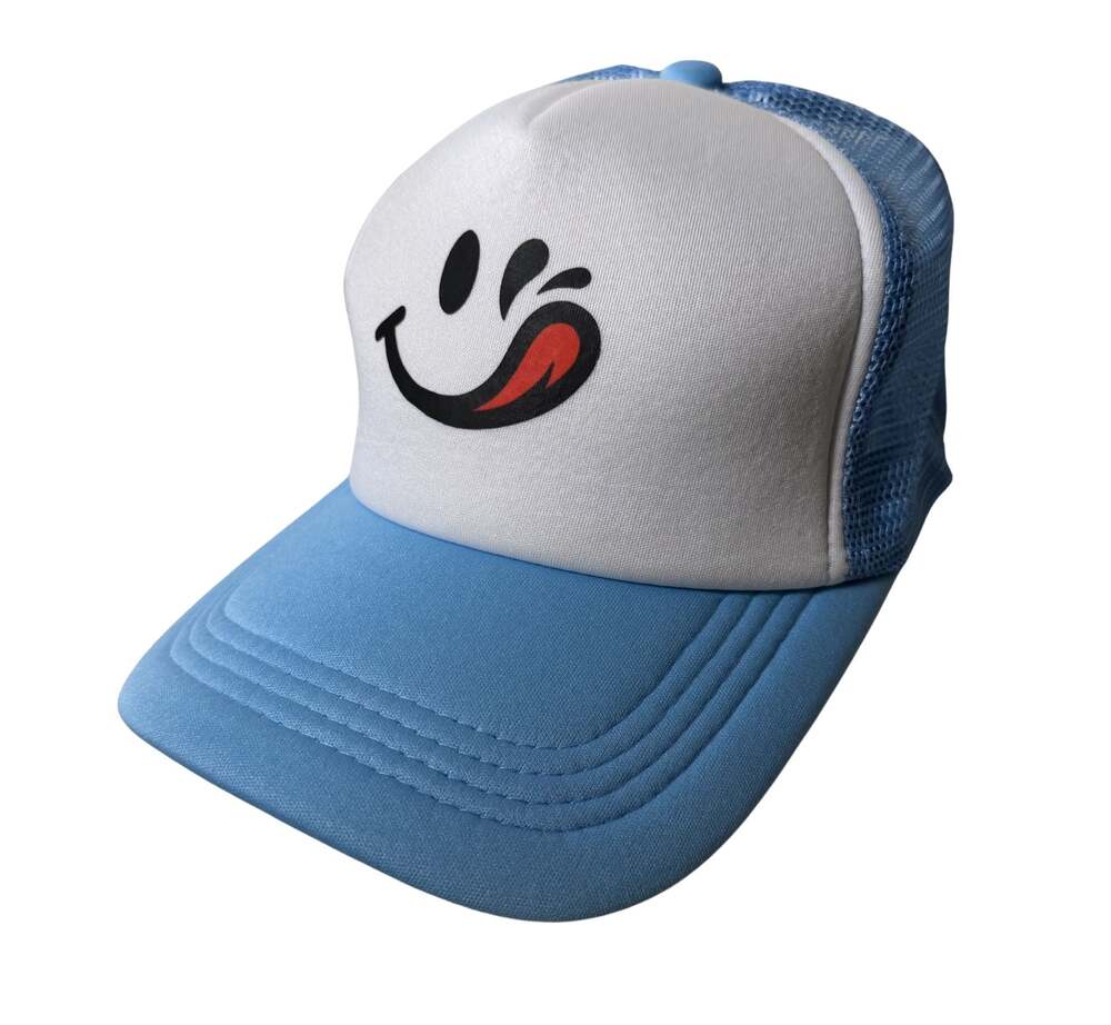 Blue and White Smiley Face Trucker Hat